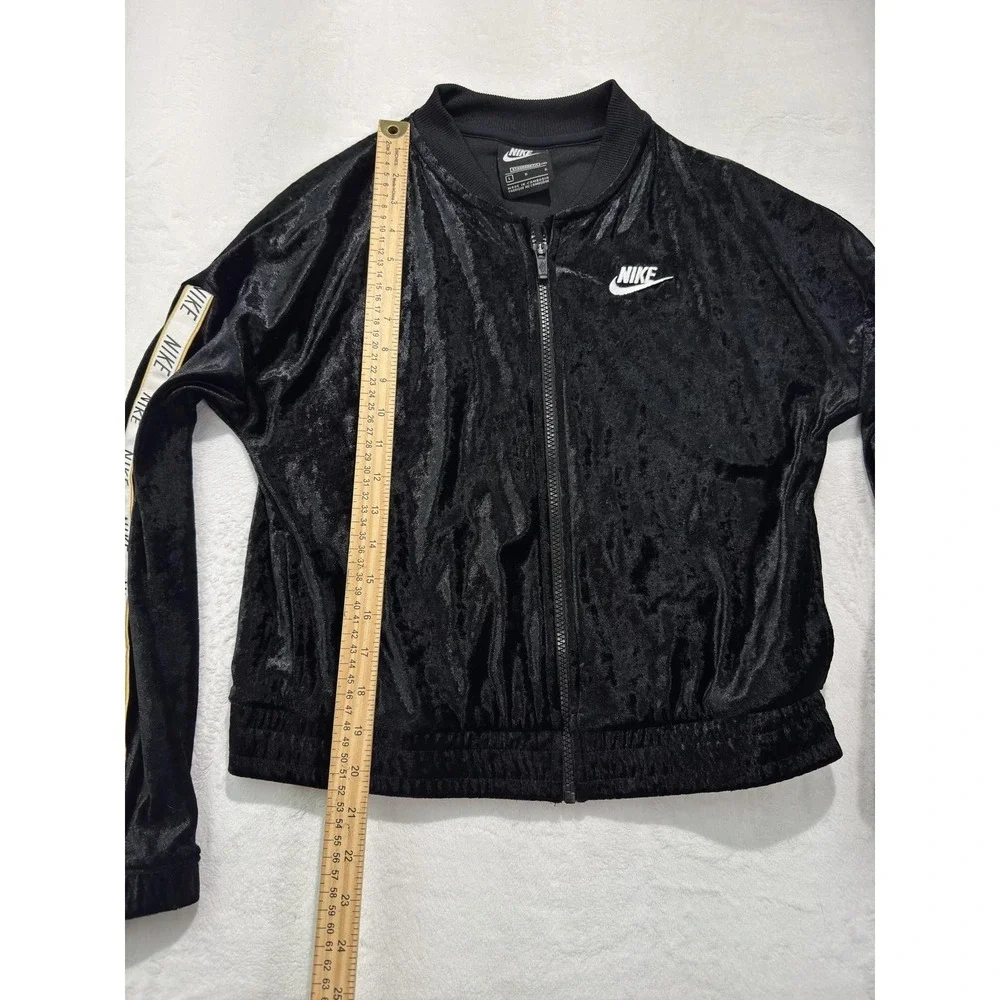 Nike Track Jacket Womens Large Black Velour Full Zip Logo Tape Sleeves Swoosh